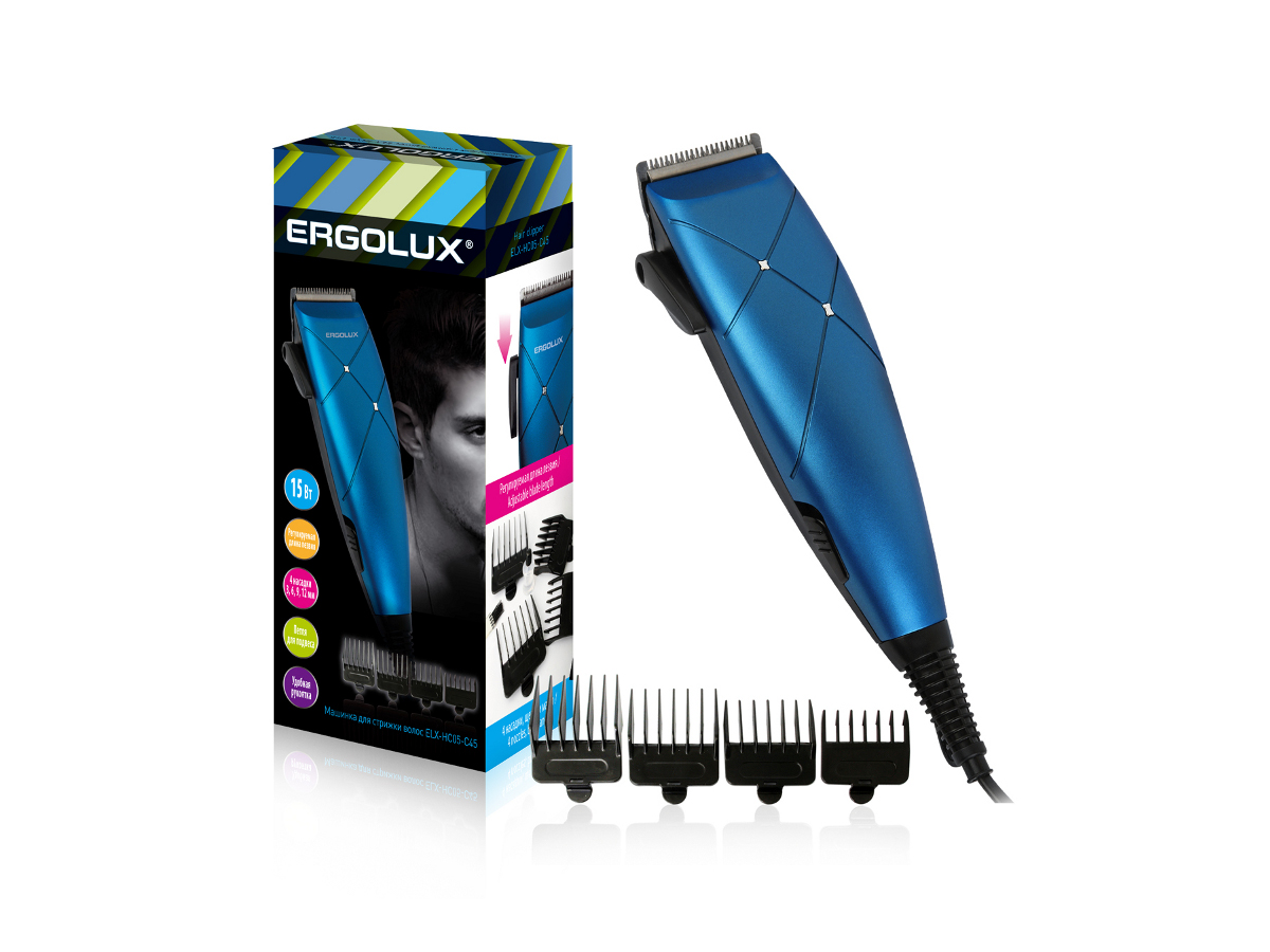 Машинка для стрижки волос ERGOLUX ELX-HC05-C45 черный с синим (15Вт, 220-240В) (1/20шт)